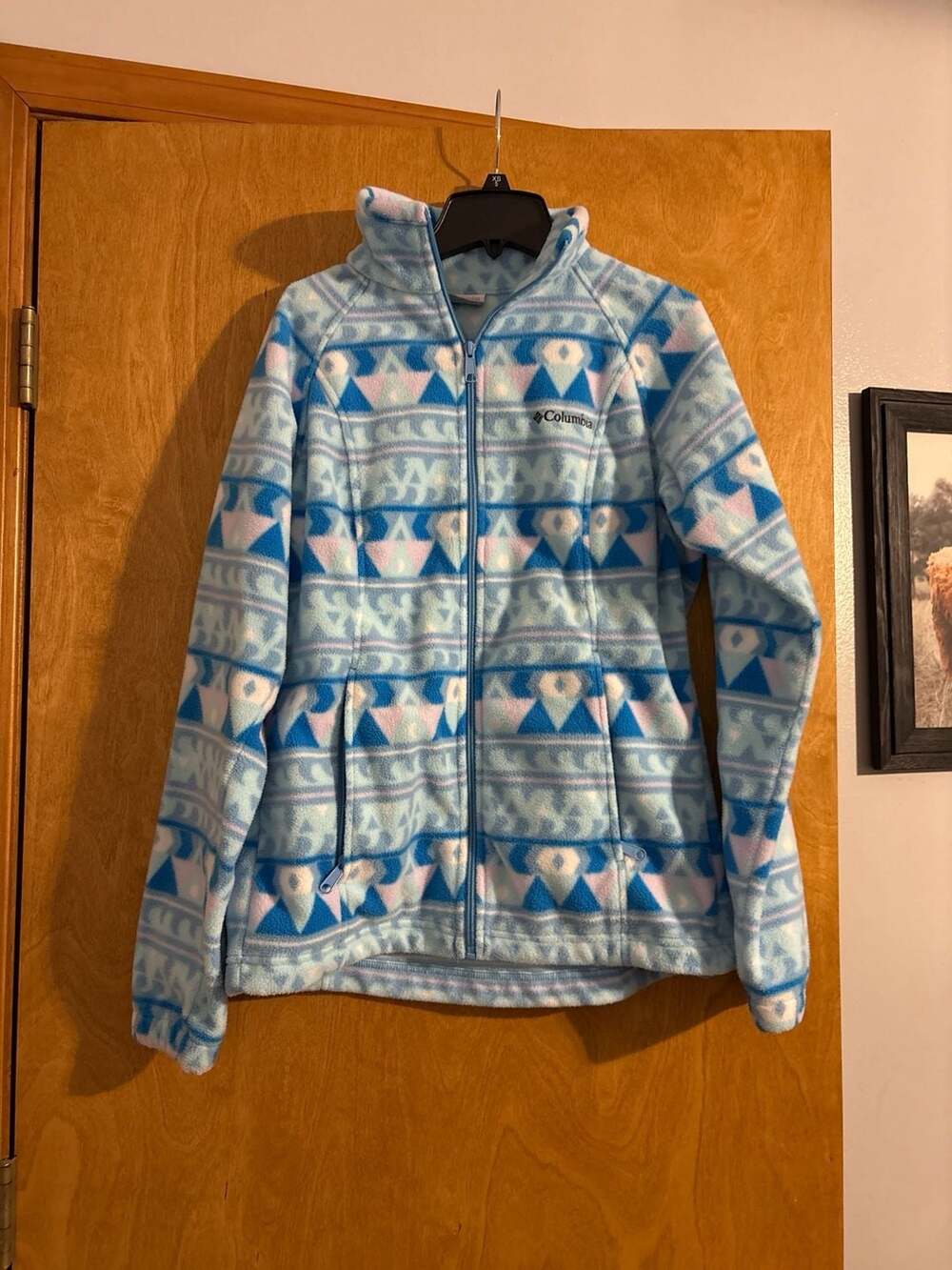 Columbia Women's Sawyer Rapids Full Zip Fleece Jacket Blue Pink Geometric Print